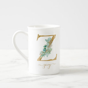 Eucalyptus Greenery Watercolor Gold Monogram Z Bone China Mug