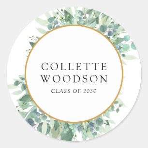 Eucalyptus Greenery Watercolor Graduation Classic Round Sticker
