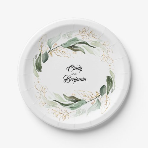 Eucalyptus Greenery Watercolor Leaves Gold Wedding Paper Plates