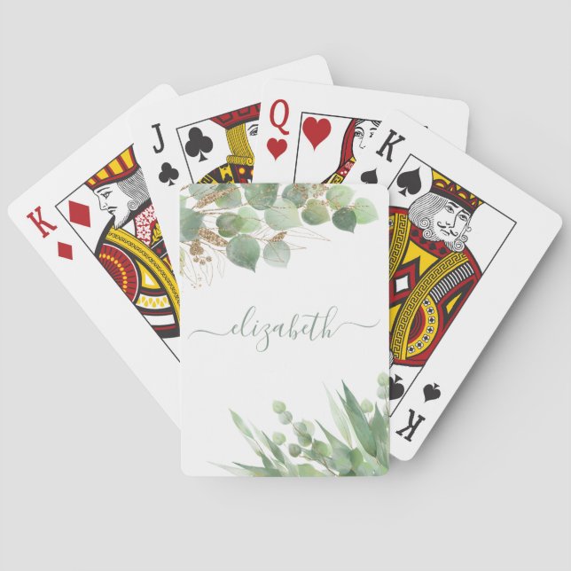 Eucalyptus Greenery Watercolor Personalized Poker Cards (Back)
