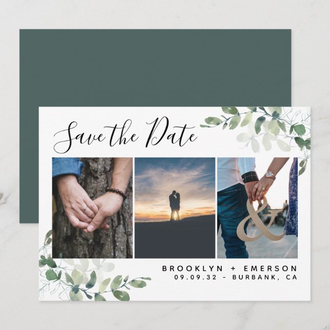 Eucalyptus Greenery Watercolor Photo Wedding  Save The Date (Front/Back)