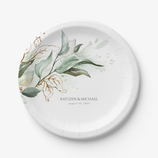 Eucalyptus Greenery Watercolor Romantic Wedding Paper Plates (Front)