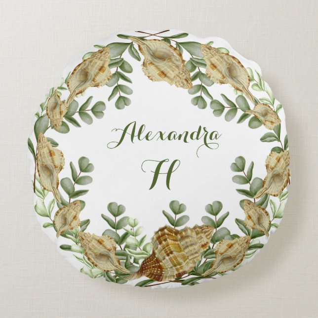 Eucalyptus Greenery Watercolor Seashell Round Pillow (Front)