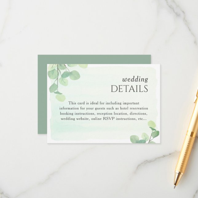 Eucalyptus Greenery Watercolor Wedding Details Enclosure Card (Front/Back In Situ)