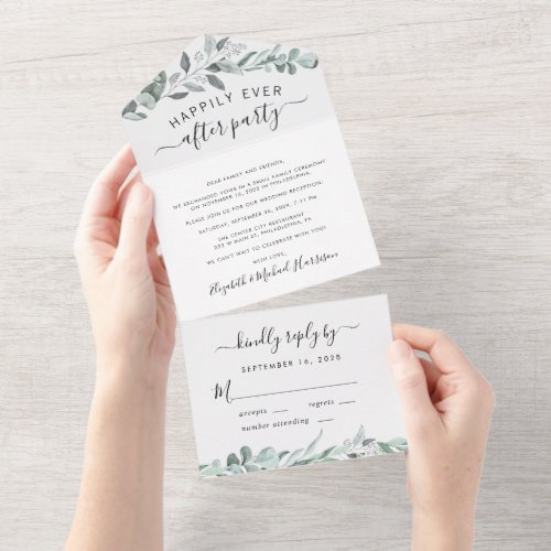 Eucalyptus Greenery Watercolor Wedding Reception All In One Invitation