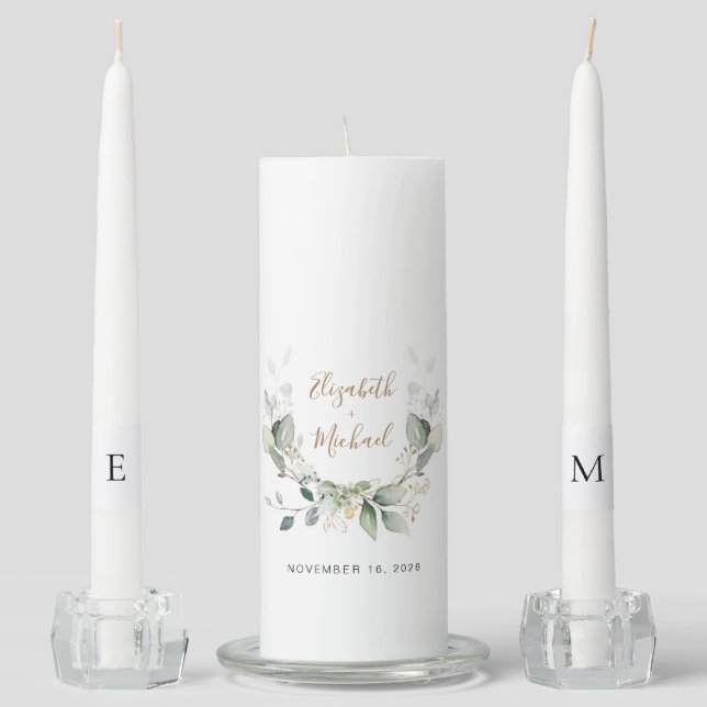 Eucalyptus Greenery Watercolor Wedding Unity Candle Set (Front)