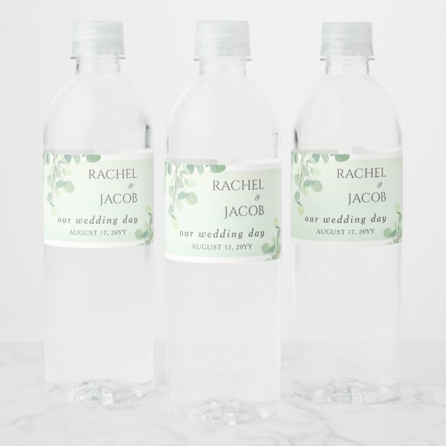 Eucalyptus Greenery Watercolor Wedding Water Bottle Label (Bottles)