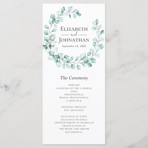 Eucalyptus Greenery Watercolor Wreath Wedding Program