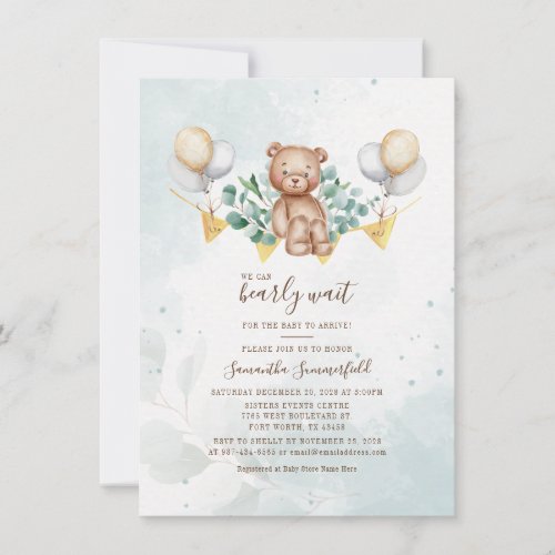 Eucalyptus Greenery We Can Bearly Wait Baby Shower Invitation