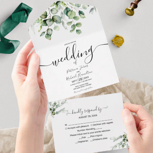 Eucalyptus Greenery Wedding All In One Invitation | Zazzle