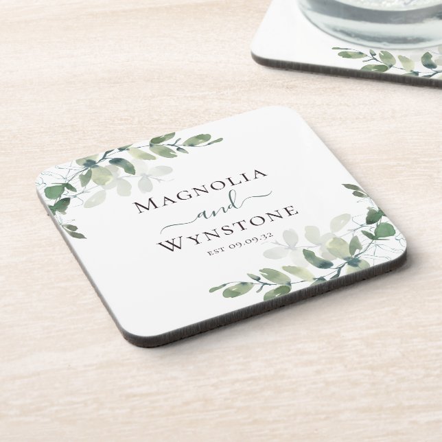 Eucalyptus Greenery Wedding Beverage Coaster (Left Side)
