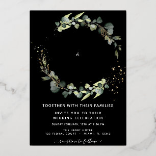Eucalyptus Greenery Wedding Black Background Foil Invitation