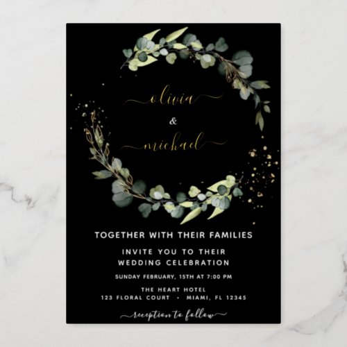 Eucalyptus Greenery Wedding Black Background Foil Invitation