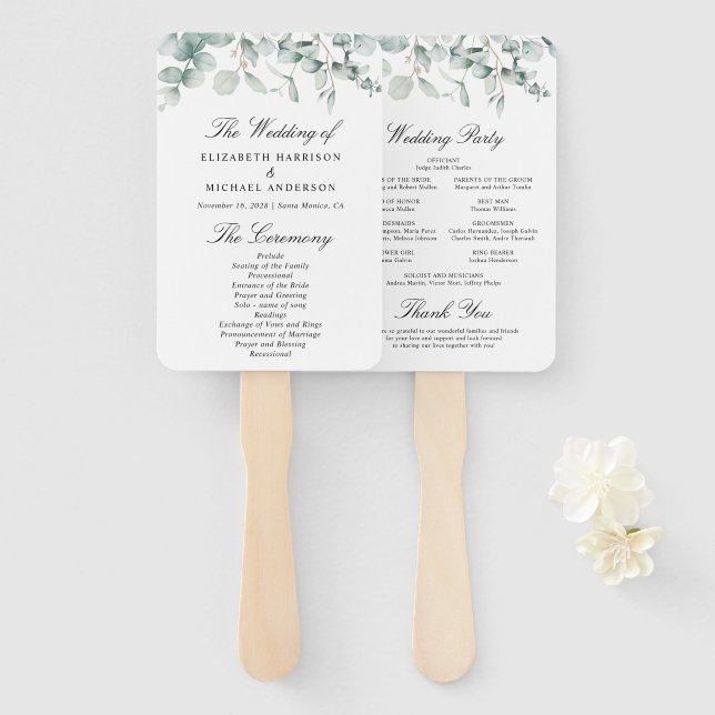 Eucalyptus Greenery Wedding Ceremony Program Hand Fan (Front and Back)