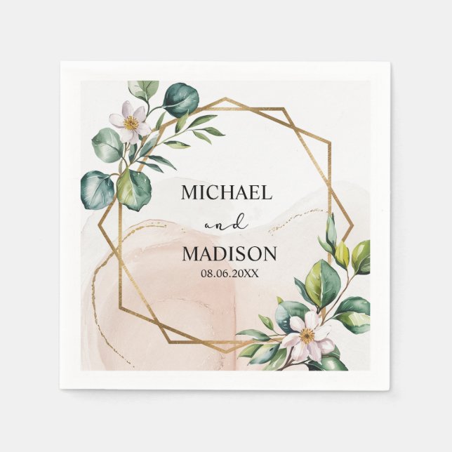 Eucalyptus Greenery Wedding Custom Names & Date Napkins (Front)