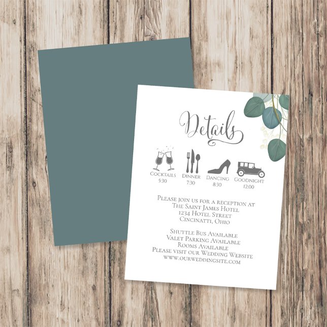 Eucalyptus Greenery Wedding Details & Timeline Enclosure Card (Eucalyptus greenery wedding details card with timeline insert and botanical leaves design.)