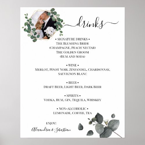 Eucalyptus Greenery Wedding Drinks Menu Sign