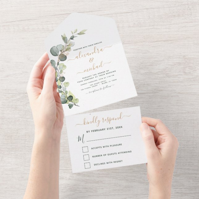 Eucalyptus Greenery Wedding Elegant Modern  All In One Invitation (Tearaway)