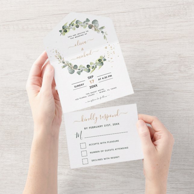 Eucalyptus Greenery Wedding Elegant Modern  All In One Invitation (Tearaway)
