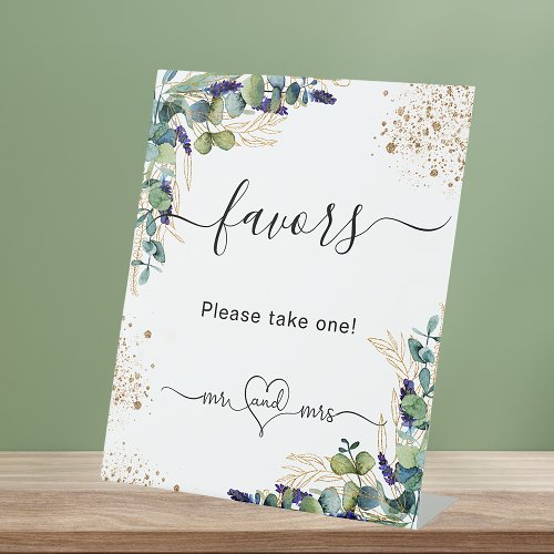 Eucalyptus greenery wedding favors guests pedestal sign