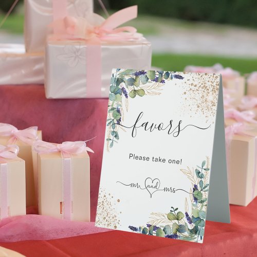 Eucalyptus greenery wedding favors guests table tent sign