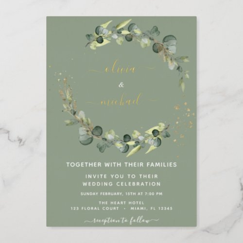 Eucalyptus Greenery Wedding Green Background Foil Invitation