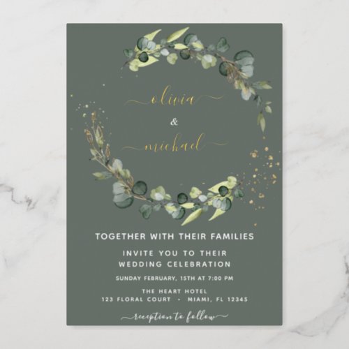 Eucalyptus Greenery Wedding Green Background  Foil Invitation