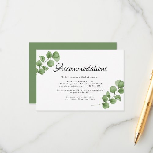 Eucalyptus Greenery Wedding hotel accommodations Enclosure Card