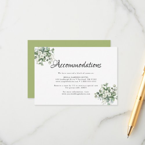 Eucalyptus Greenery Wedding hotel accommodations Enclosure Card