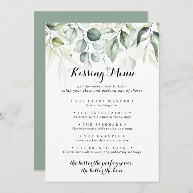 Eucalyptus Greenery Wedding Kissing Menu Game Card (Front/Back)