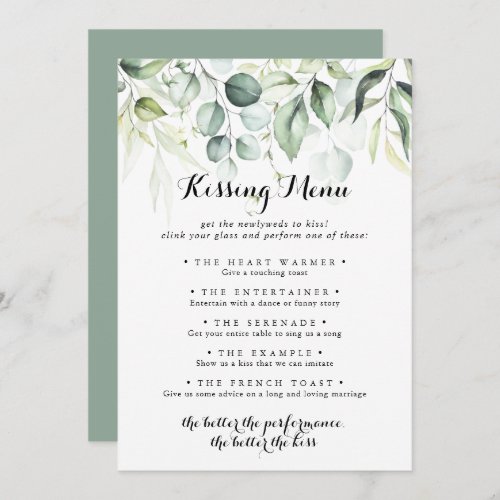 Eucalyptus Greenery Wedding Kissing Menu Game Card