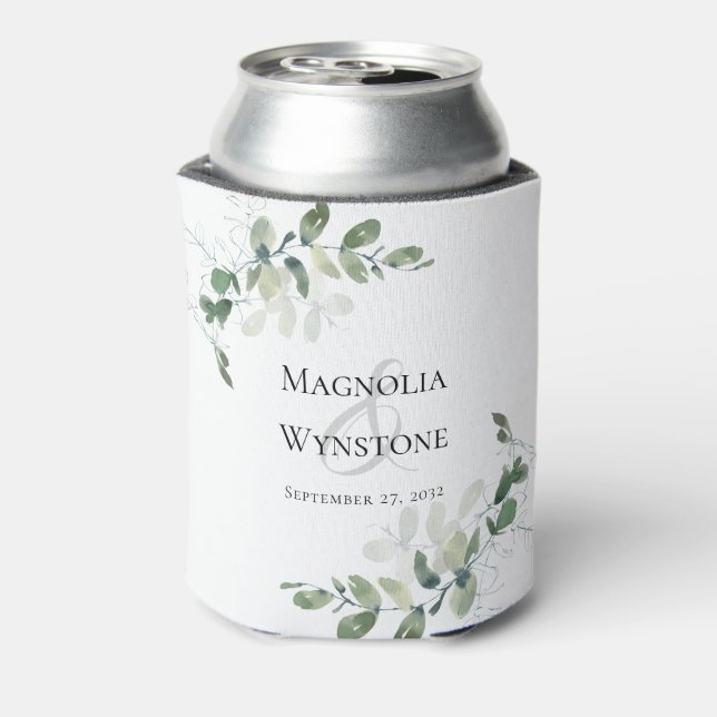 Eucalyptus Greenery Wedding Monogram Can Cooler (Can Back)