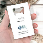 Eucalyptus Greenery Wedding Party  Credit Card Bottle Opener<br><div class="desc">Personalized bottle openers for you to customize with name of everyone in your wedding party. You can also add the bride and groom's names and the wedding date. This delicate design has a sprig of eucalyptus leaves on a watercolor wash with watercolor greenery and foliage in shades of dusty blue...</div>