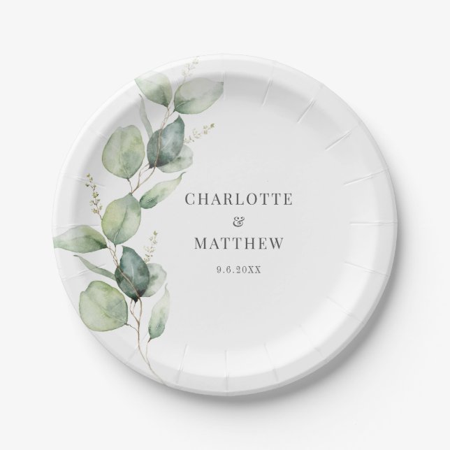 Eucalyptus Greenery Wedding Party Paper Plates (Front)