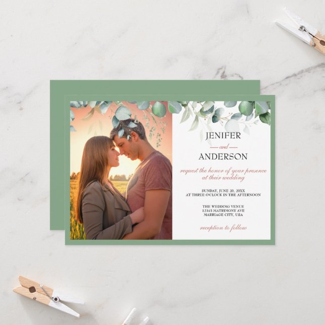 Eucalyptus Greenery Wedding Photo Invitation (Front/Back In Situ)