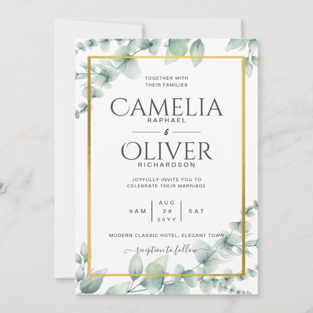 Eucalyptus Greenery Wedding QR CODE Modern Budget Invitation (Front)