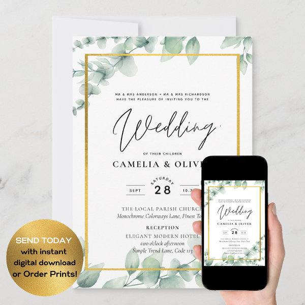 Eucalyptus Greenery Wedding QR CODE Modern Budget Invitation