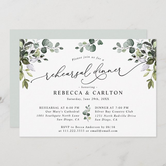 Eucalyptus Greenery Wedding Rehearsal Dinner Invitation (Front/Back)
