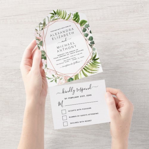 Eucalyptus Greenery Wedding Rose Gold Pink All In One Invitation