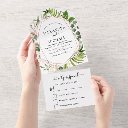 Eucalyptus Greenery Wedding Rose Gold Pink RSVP All In One Invitation