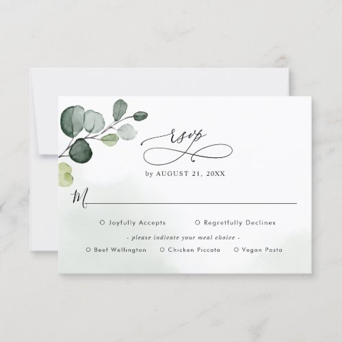 Eucalyptus Greenery Wedding Rsvp with Meal Options - Designed to coordinate with our Boho Greenery wedding collection, this customizable RSVP card with meal options, features watercolor eucalyptus branch set against a delicate watercolor wash background with calligraphy script graphic text, paired with a classy serif & modern sans font in black.