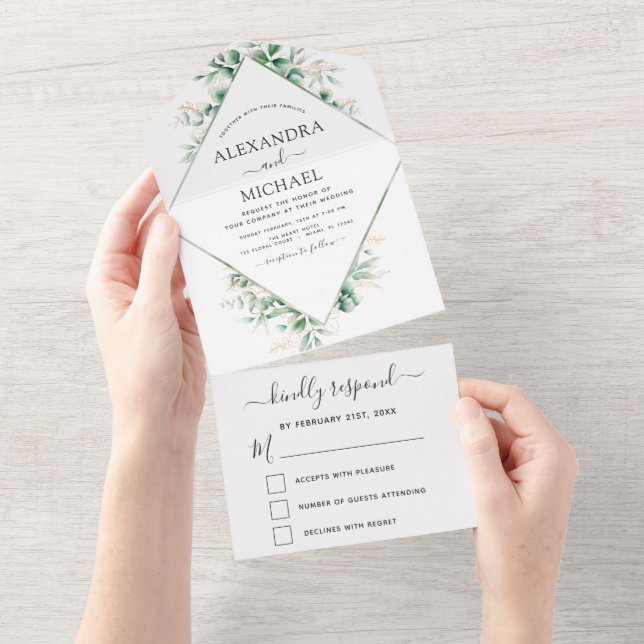 Eucalyptus Greenery Wedding Sage Green RSVP All In One Invitation (Tearaway)