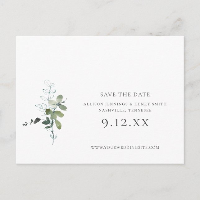 Eucalyptus Greenery Wedding Save the Date Announcement Postcard (Front)
