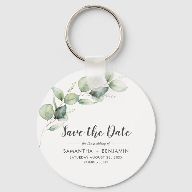 Eucalyptus Greenery Wedding Save the Date Keychain (Front)