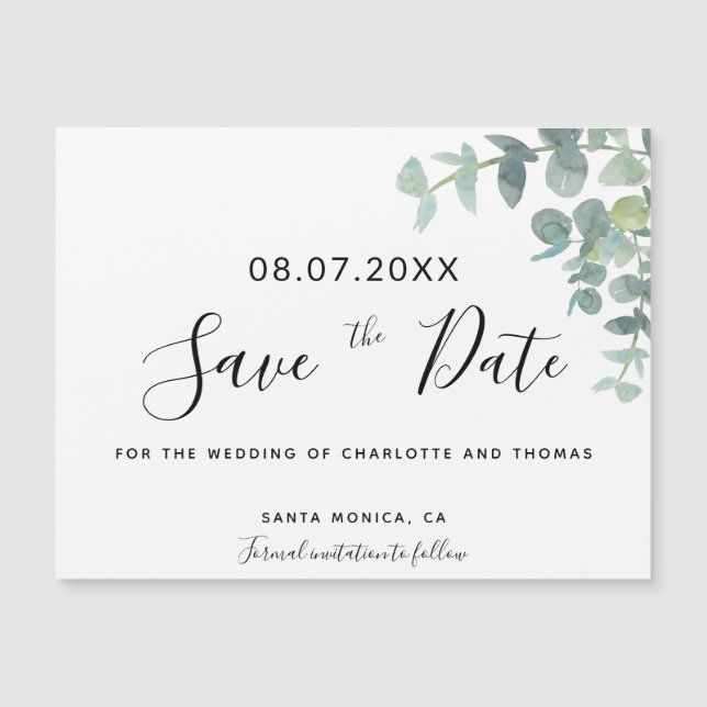 Eucalyptus greenery wedding save the date magnet (Front)