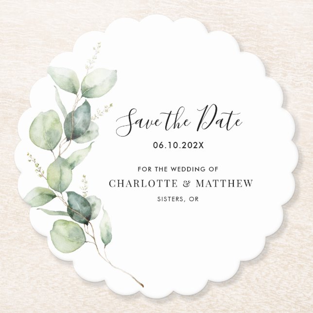 Eucalyptus Greenery Wedding Save the Date Paper Coaster (Front)