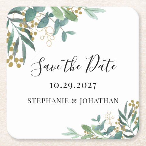 Eucalyptus Greenery Wedding Save The Date  Square Paper Coaster