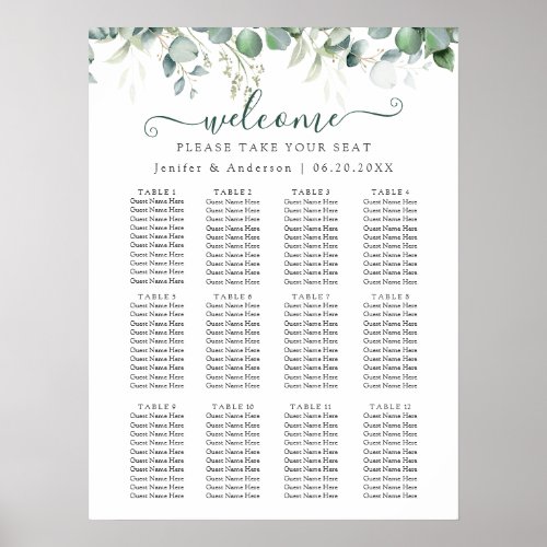 Eucalyptus Greenery Wedding Seating Chart Poster