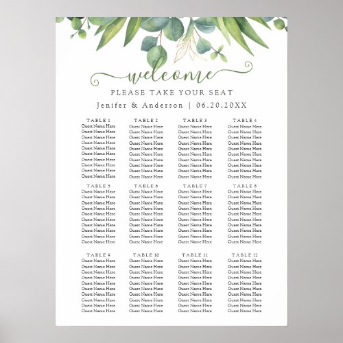 Eucalyptus Greenery Wedding Seating Chart Poster