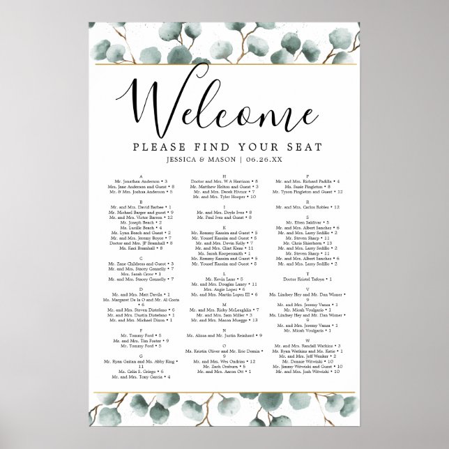 Eucalyptus Greenery Wedding Seating Chart Sign (Front)
